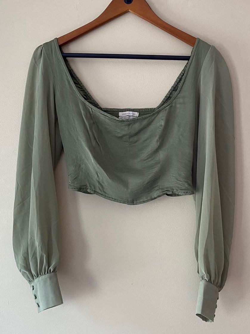 Urban Outfitters Sage Green Sheer Bishop Sleeve Crop Top Size Small Petite